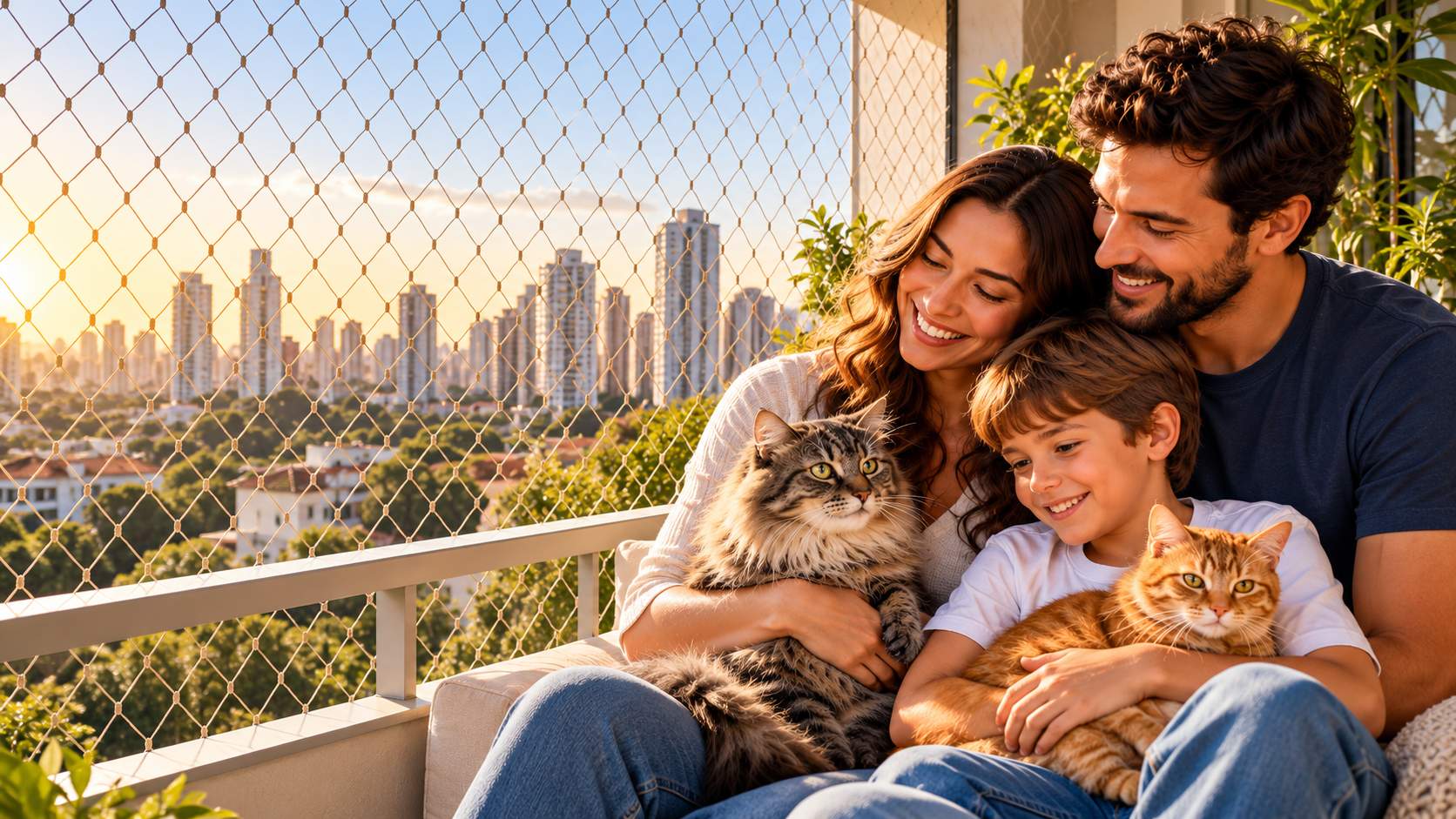 Família com criança e gatos em varanda protegida por rede de proteção