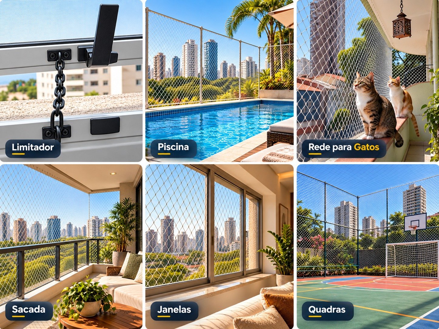 Montagem ilustrativa de redes de proteção em limitador, piscina, sacada com gatos, sacada, janelas e quadra